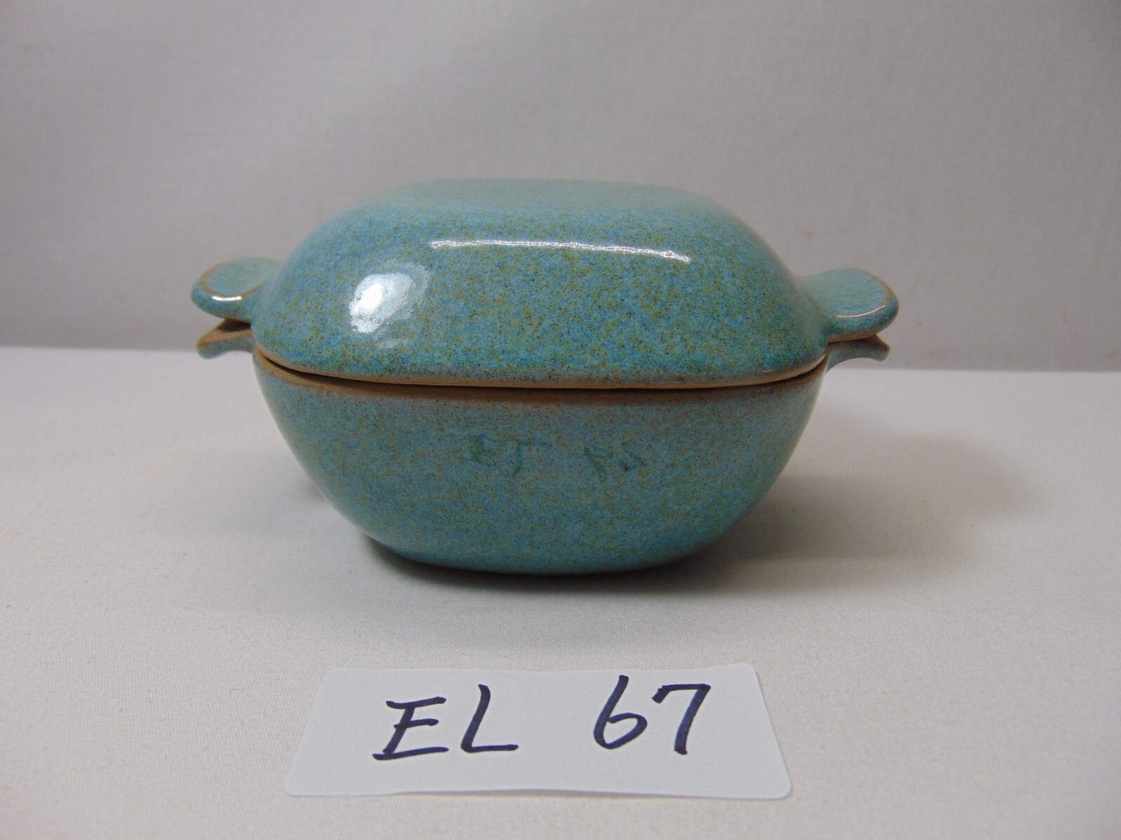 GLIDDEN POTTERY #167 RAMKIN DISH LID SIGNED SEAFOAM BLUE GREEN SPECKLED