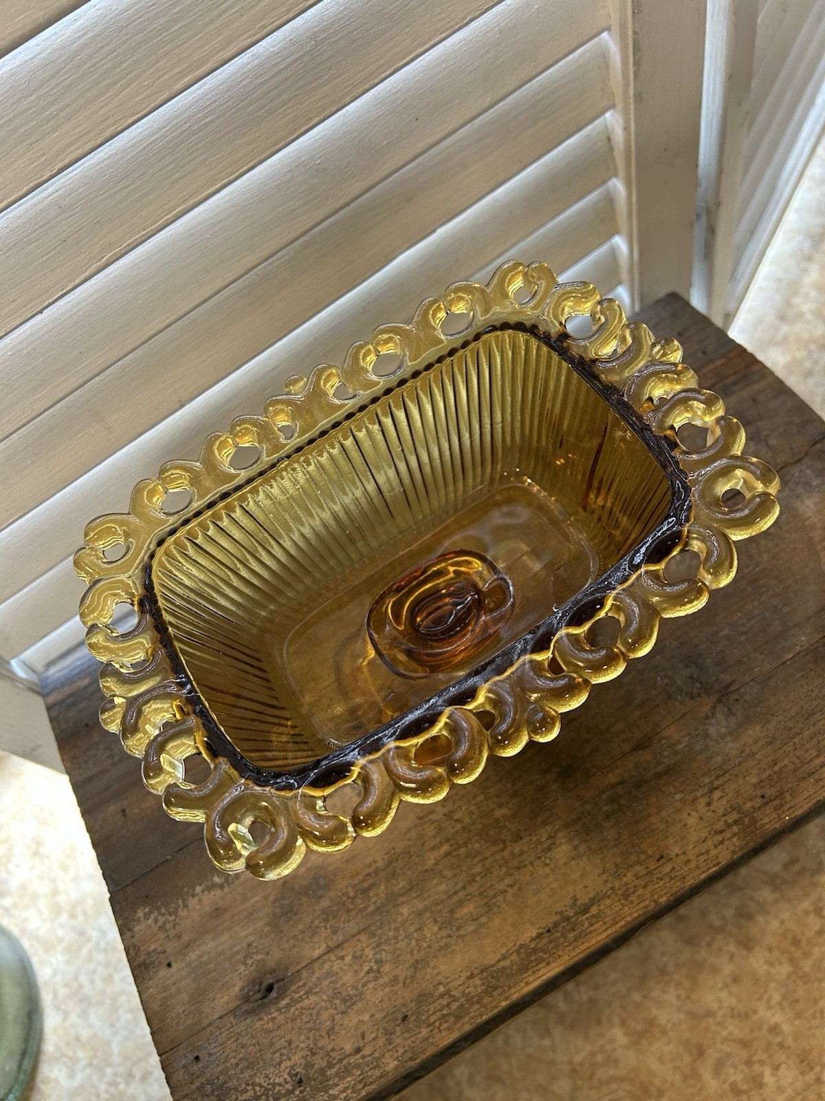 Indiana Glass Company “Lace Edge” Amber candy dish