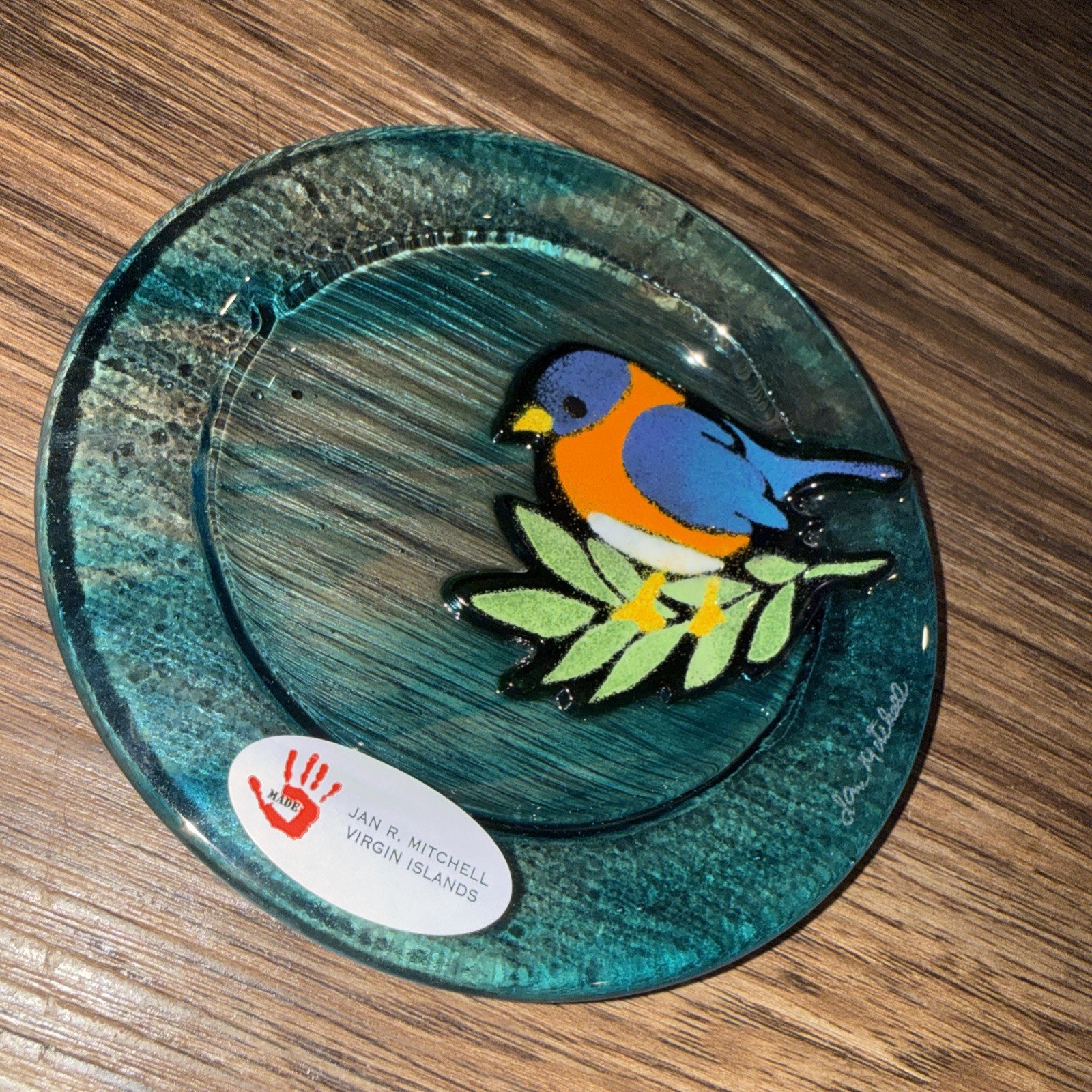 Fused Glass Blue-Green Plate w/ Blue-Orange Bird JAN R. MITCHELL Virgin Island