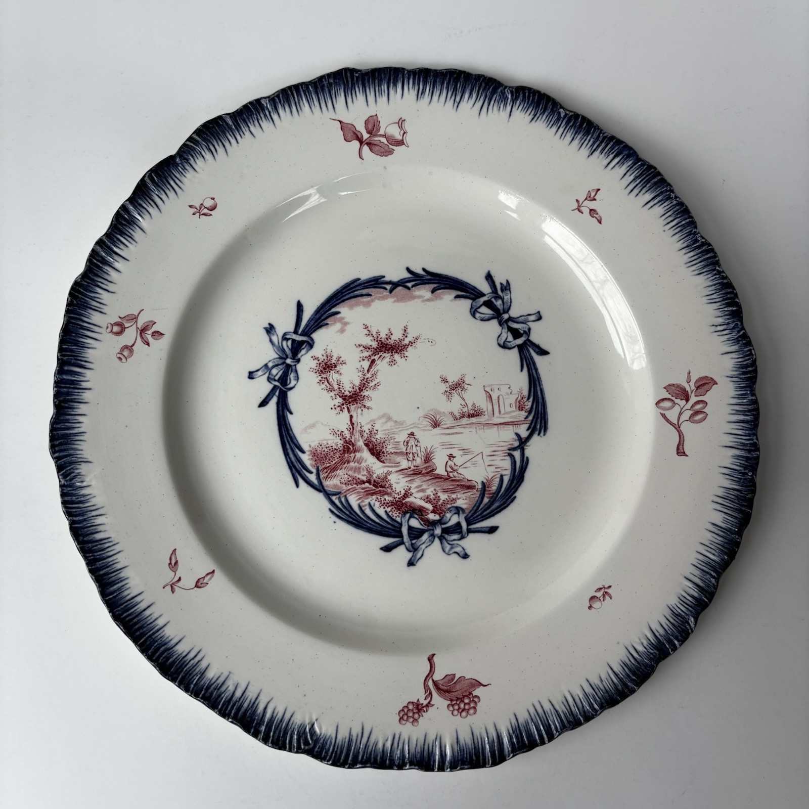 Wedgwood Penthievre Etruria England Blue Feather Edge Pink Scene Dinner Plate