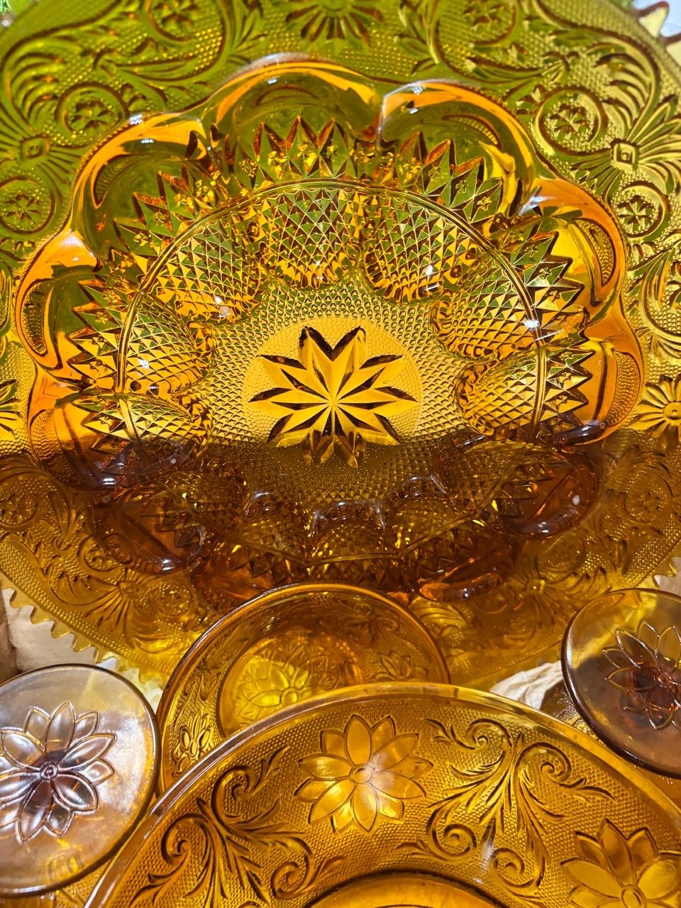 Tiara Exclusives Amber Indiana Glass Sandwich Pattern Serving Set