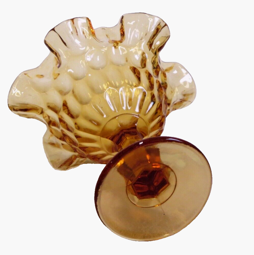 Vintage Fenton Amber Glass Compote Thumbprint Pattern Ruffled Rim Hexagon Stem