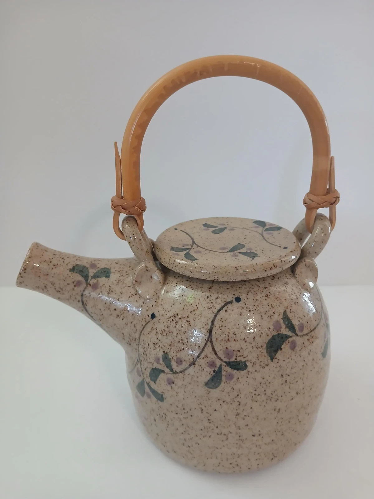 90s Cottagecore Speckled Stoneware Teapot with Bamboo Handle Hand-painted Floral