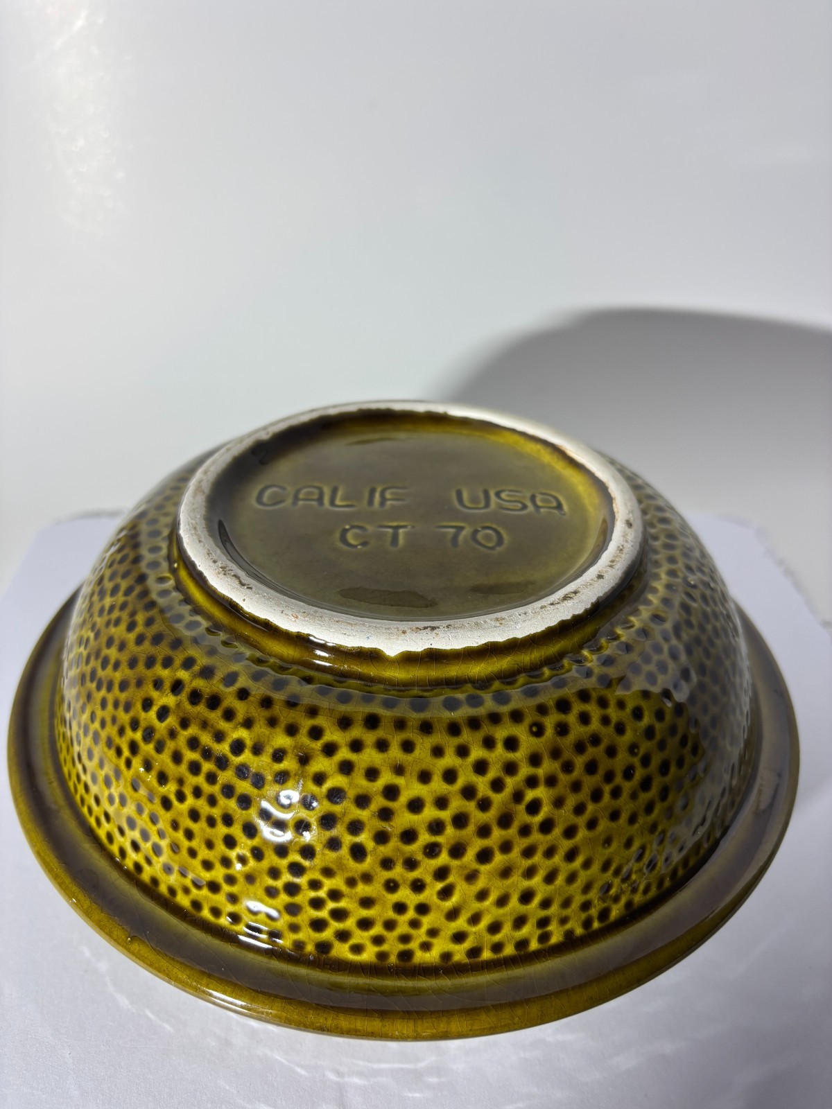 Vintage Calif USA Pottery CT 70 Olive Green Textured Dot Bowl MCM