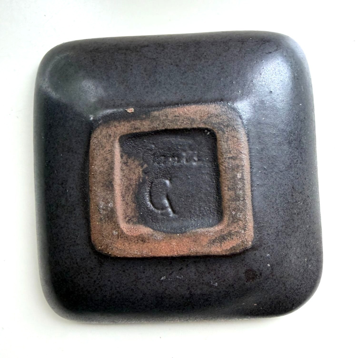 Mid Century Studio Pottery Trinket Dish Black Yellow Glaze Square