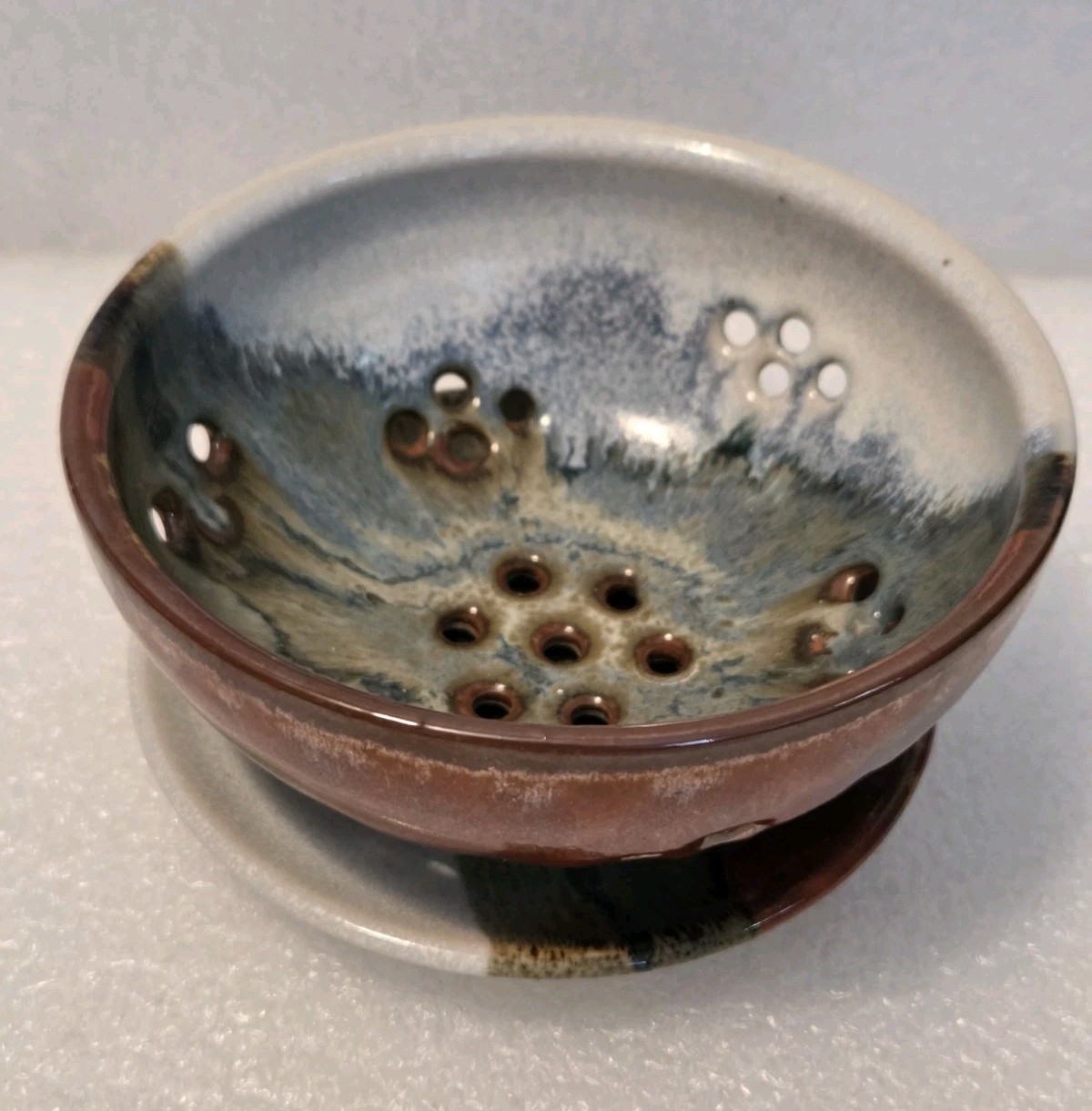 Hand Thrown Pottery Earth Tones Colander Berry Bowl Strainer & Under Plate 5.5″