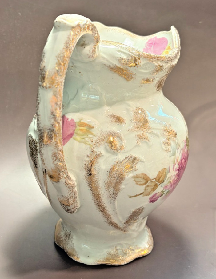 Antique J&G Meakin Hanley England Ironstone Washstand Pitcher Rose Floral Gilt