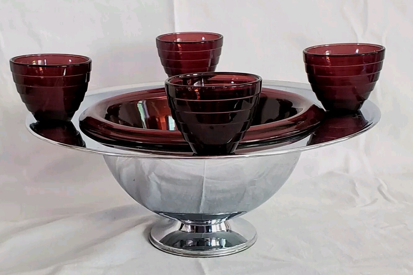 Vtg 30’s Hazel Atlas Purple Amethyst Punch Bowl Chrome Art Deco Moderntone Cups