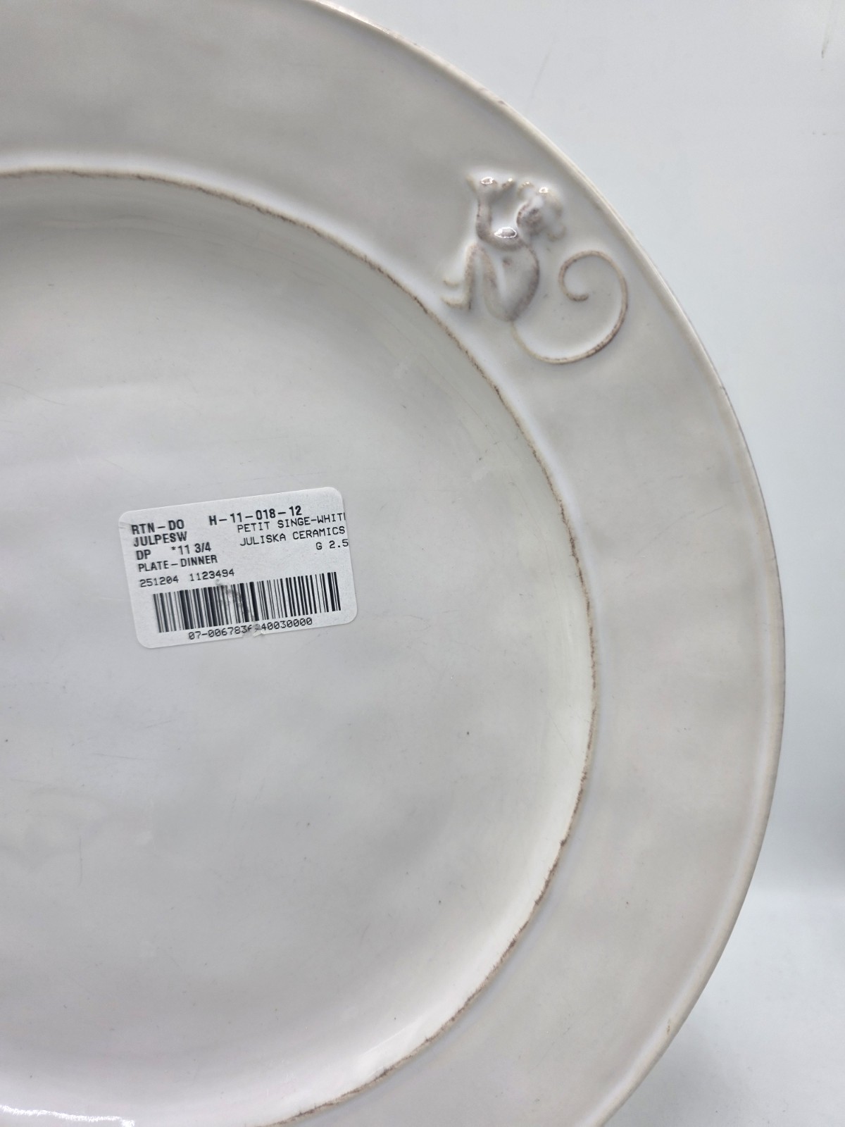Juliska Ceramics Petit Singe Whitewash 11 3/4 Inch Dinner Plate