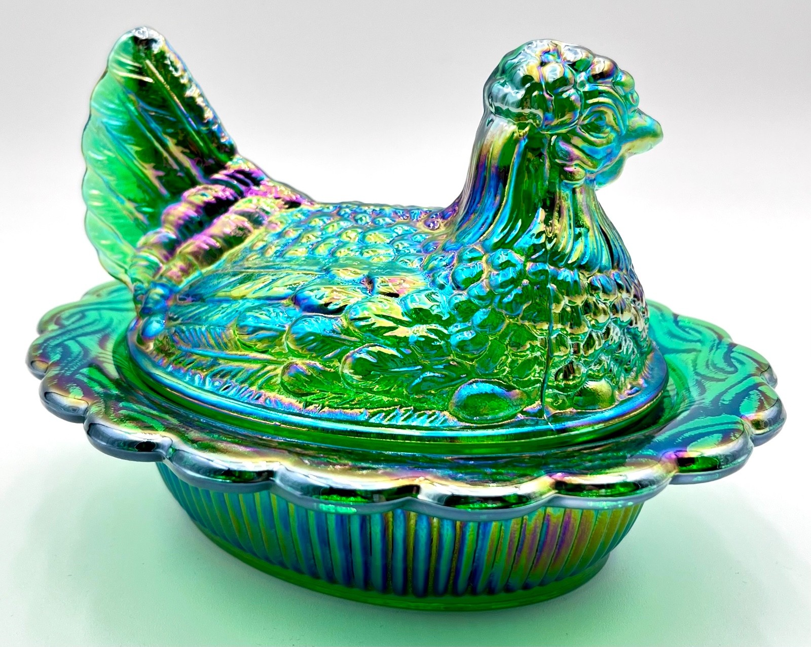 Mosser Hen on Nest HUNTER GREEN CARNIVAL6 1/2″ Glass Marked Mosser FREE SHIP