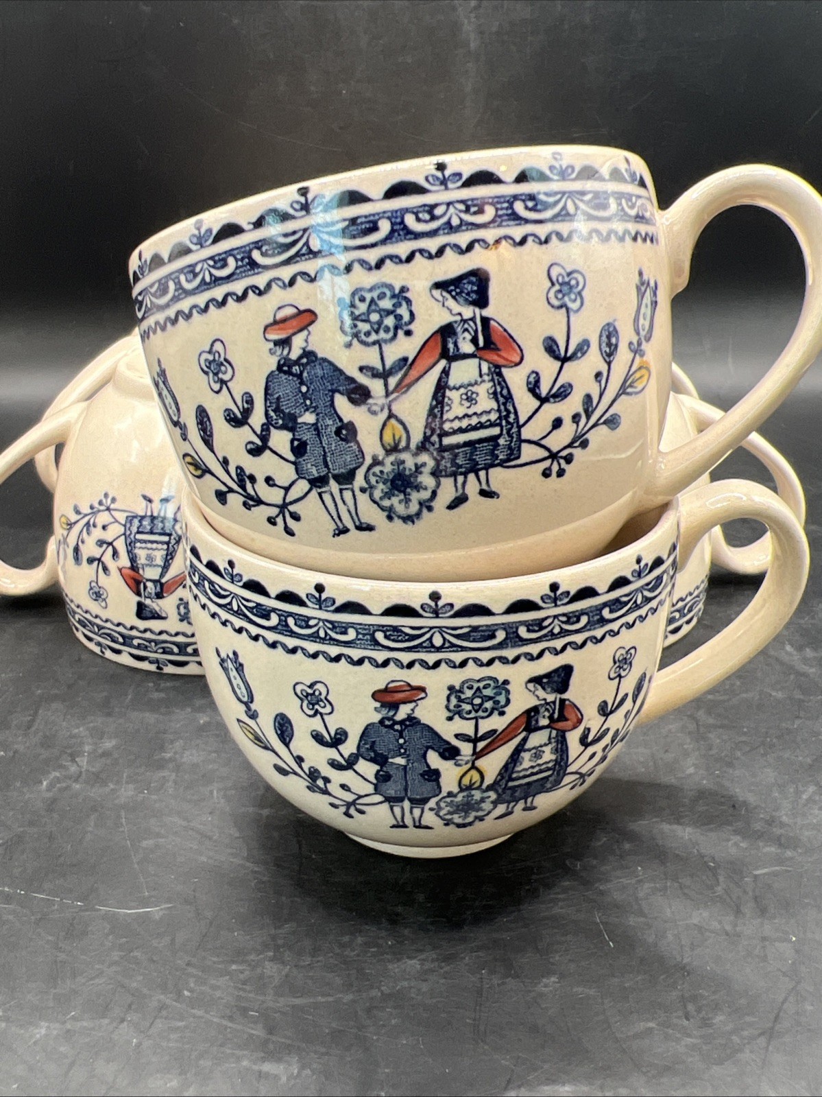 6 JOHNSON BROS Vtg Staffordshire Old Granite Hearts & Flowers Blue Grannycore