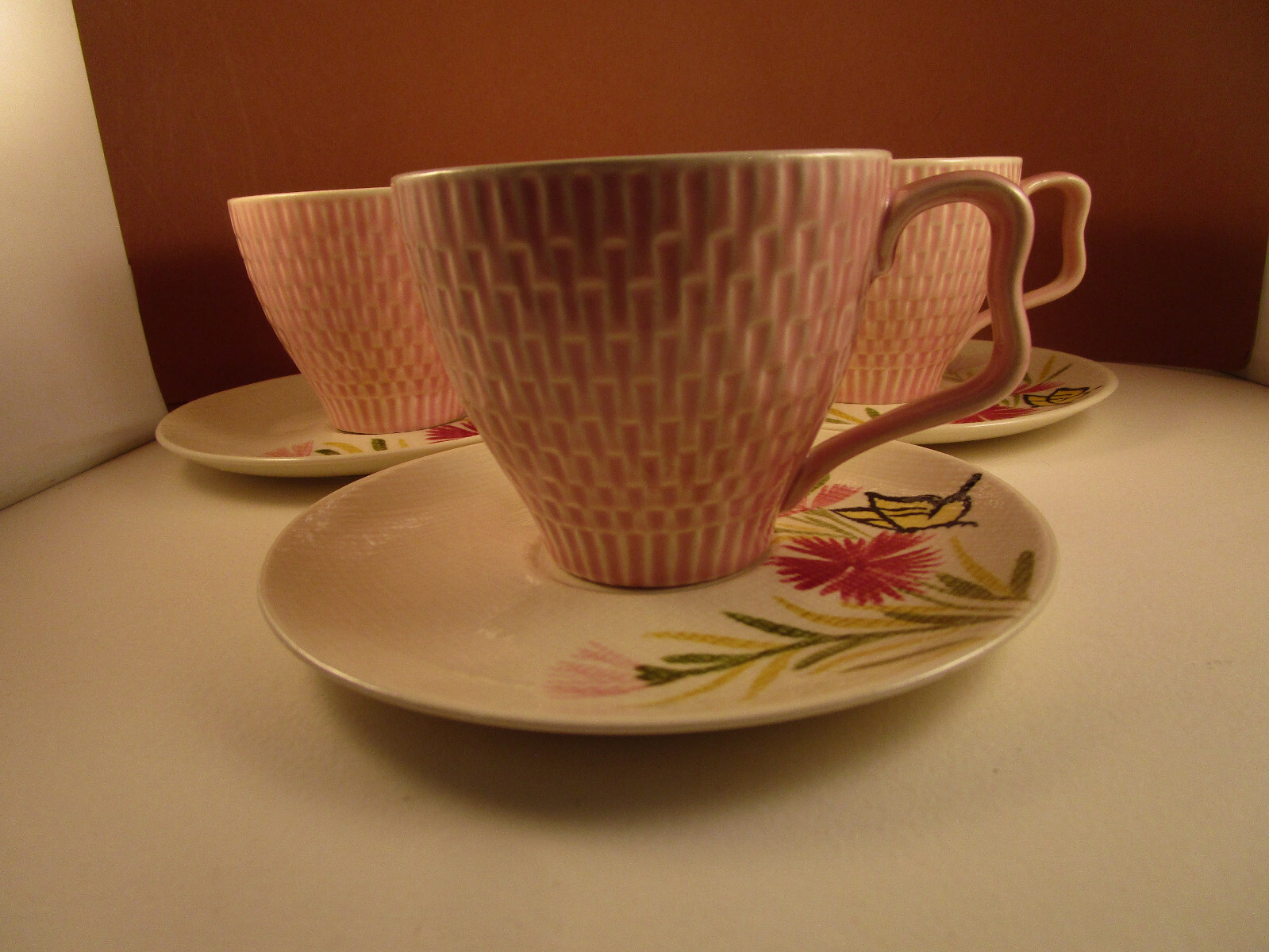 Vintage Red Wing Pottery Pink Spice Hand Painted Set of 3 Tea Cups & Saucers A