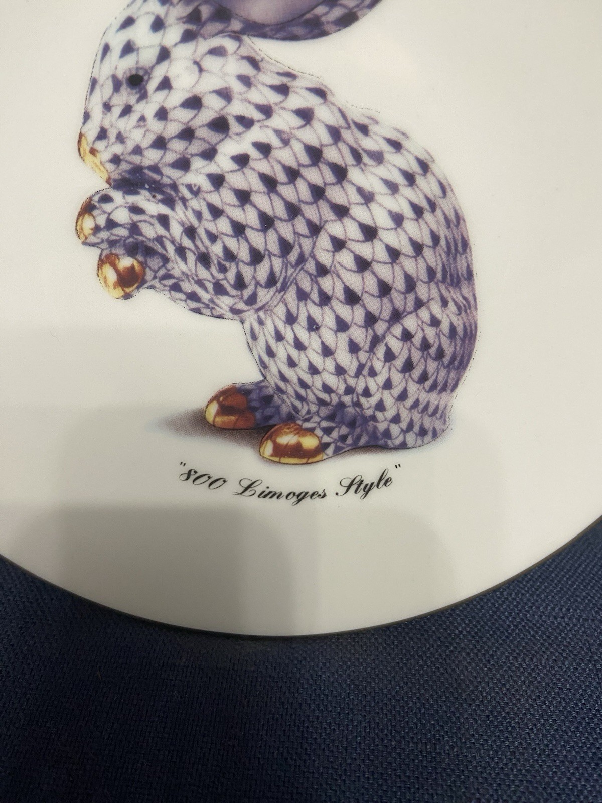 Vintage GODINGER 800 LIMOGES Style Blue Fishnet Rabbit Plate Gold Accents