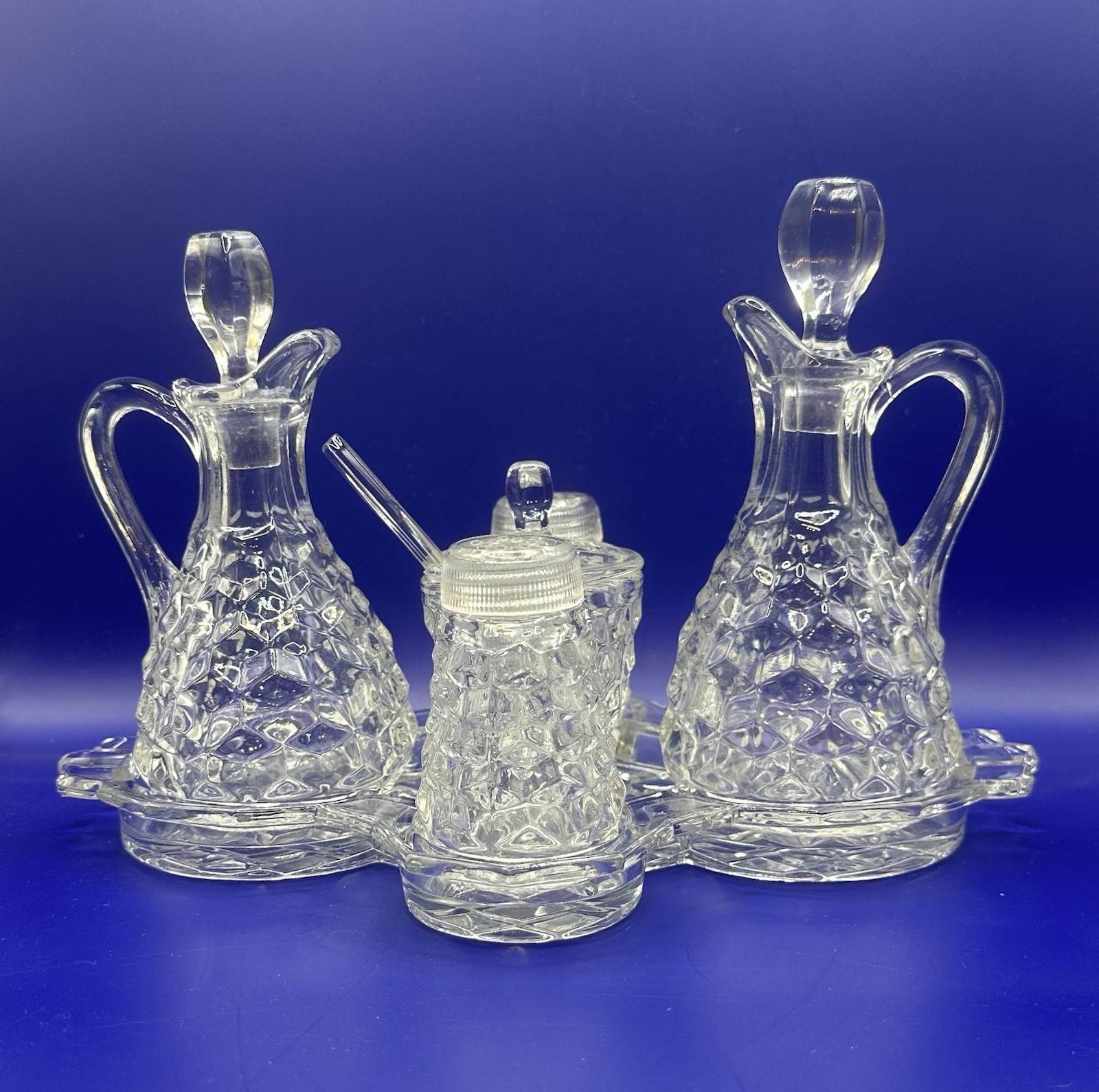 1 Set Of Fostoria American Clear 7 Piece Cloverleaf Condiment Set Used- Read-