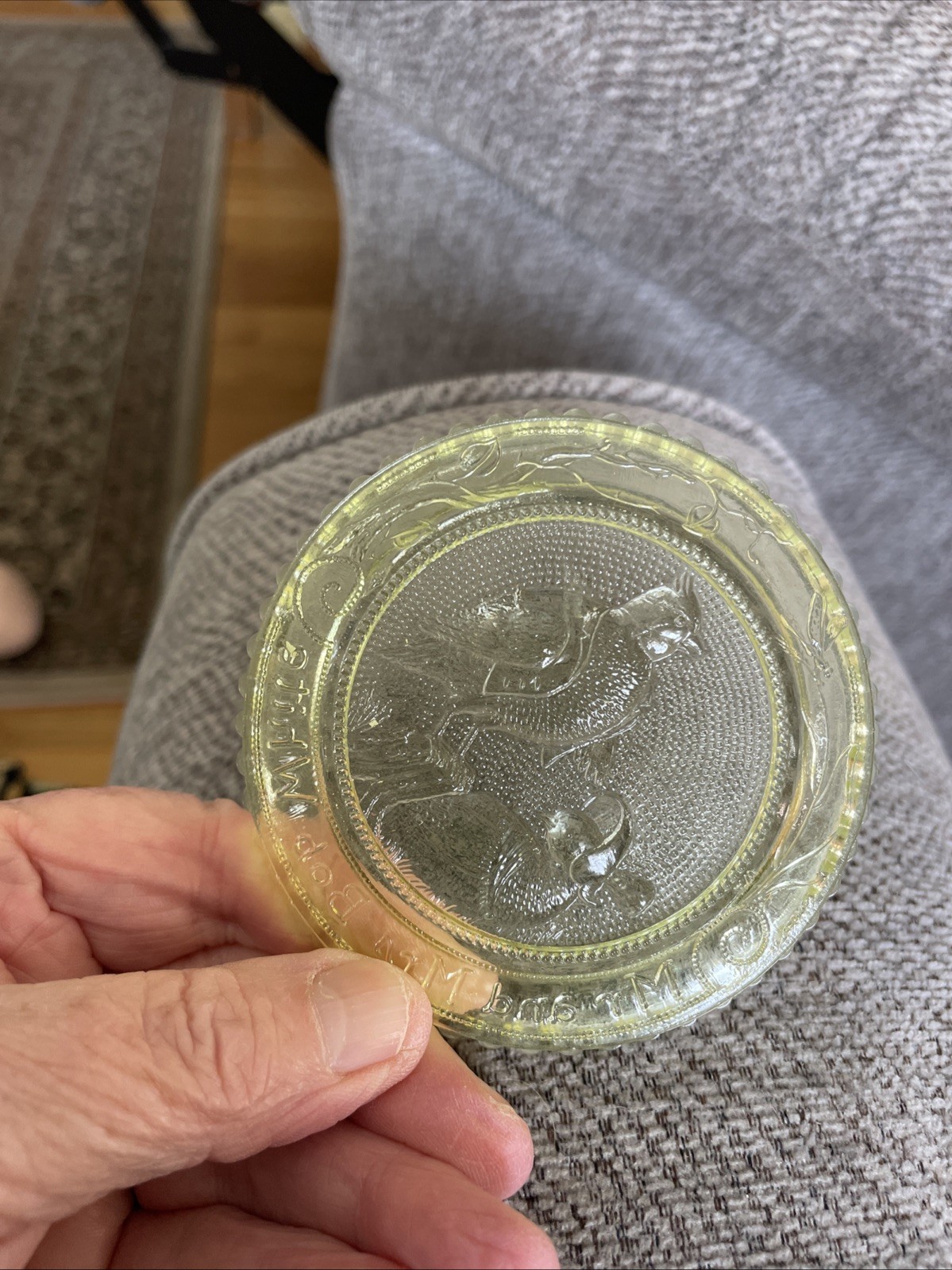 Vintage Pairpoint Glass Vaseline Uranium Glass Cup Plate Mr. & Mrs. Bob White