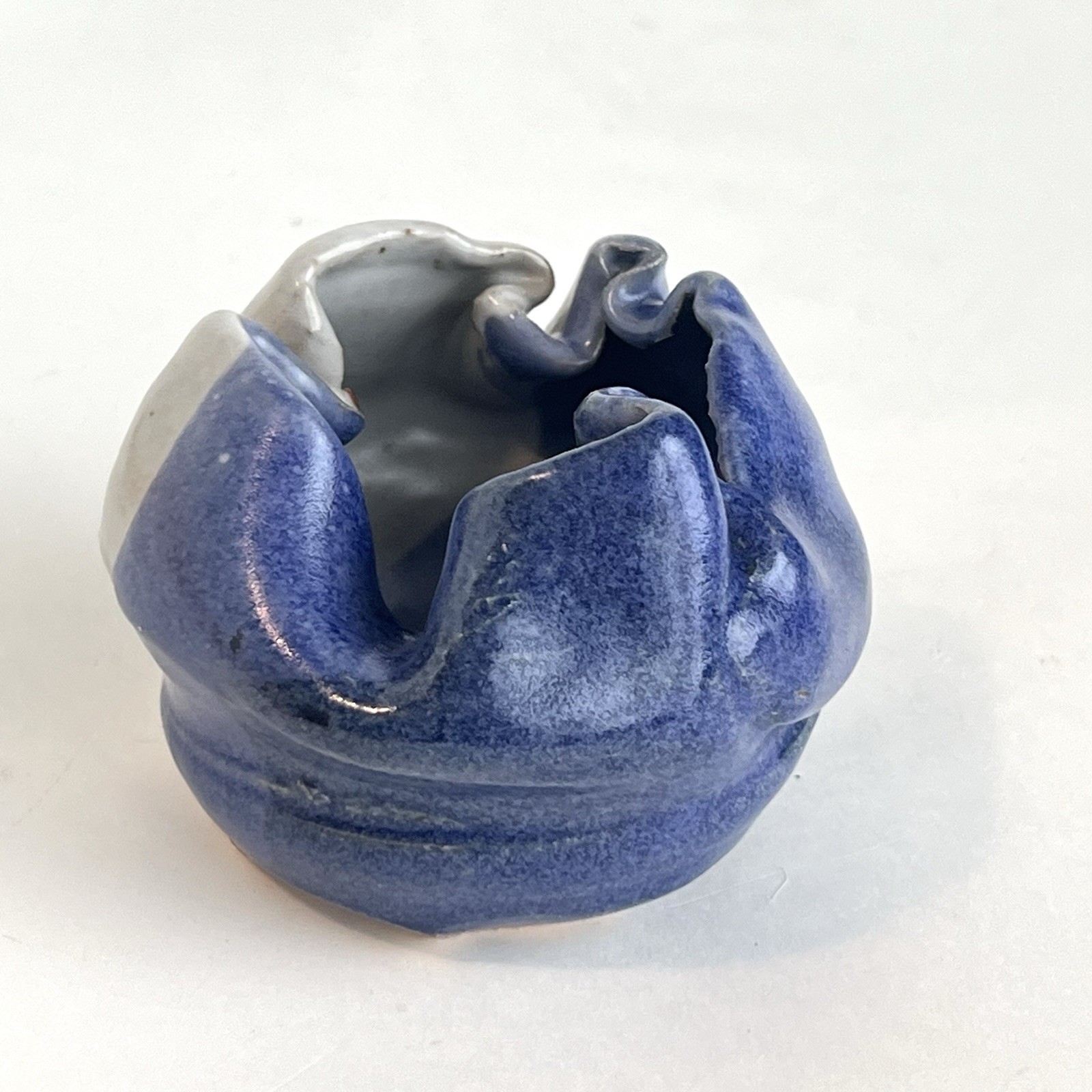 Ruffled Asymmetrical Edge Mini Art Pottery Bowl Hand Thrown Blue Gray Signed A T