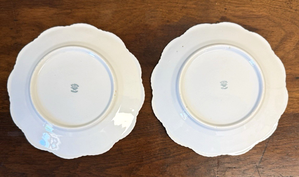 Pair Antique Silesien Germany Fish Porcelain Salad Plates 7 7/8″ Scenic Trout