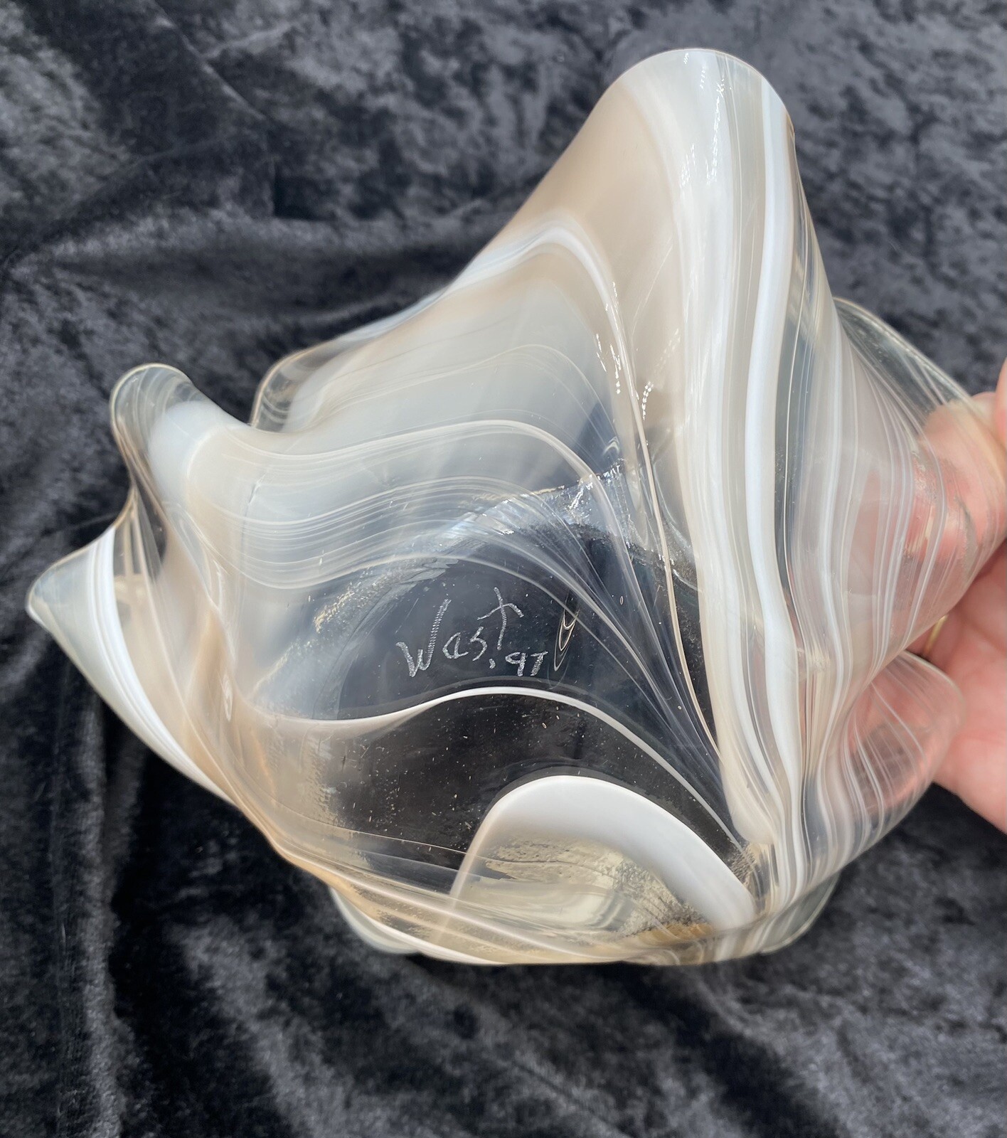 Vintage Handblown Murrhina Glass Handkerchief Bowl/Candle, Peach & White, Signed