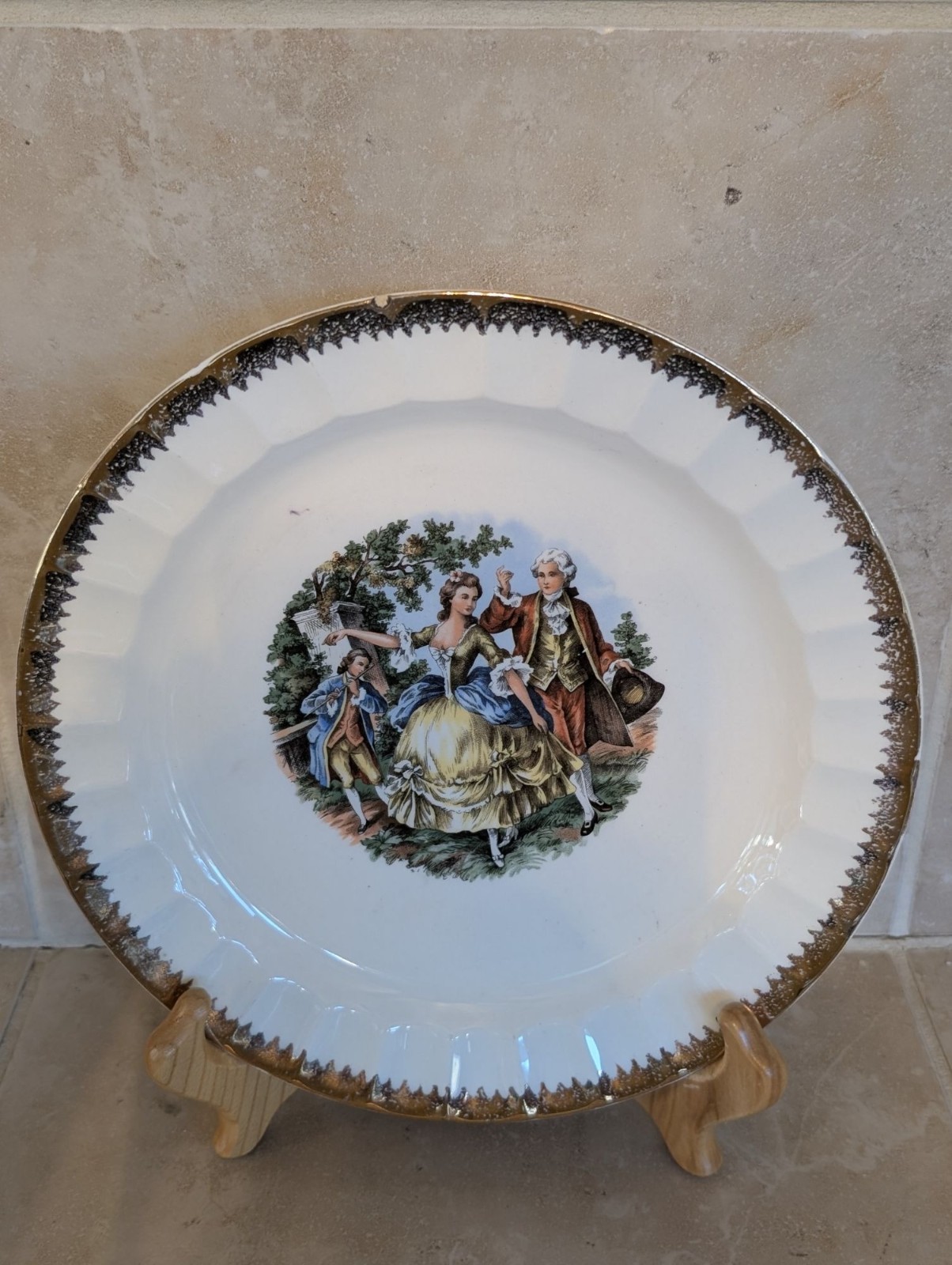 Vintage MCM Porcelain Salad Plate 22K Gold Trim “Courting Couple” Pattern