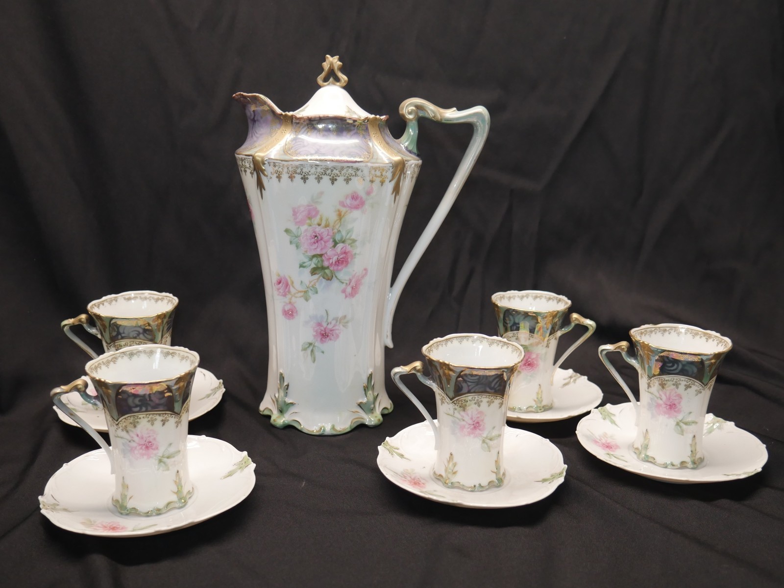 11pc ANTIQUE RS PRUSSIA hand painted FLORAL GOLD CHOCOLATE POT CUP & SAUCER set