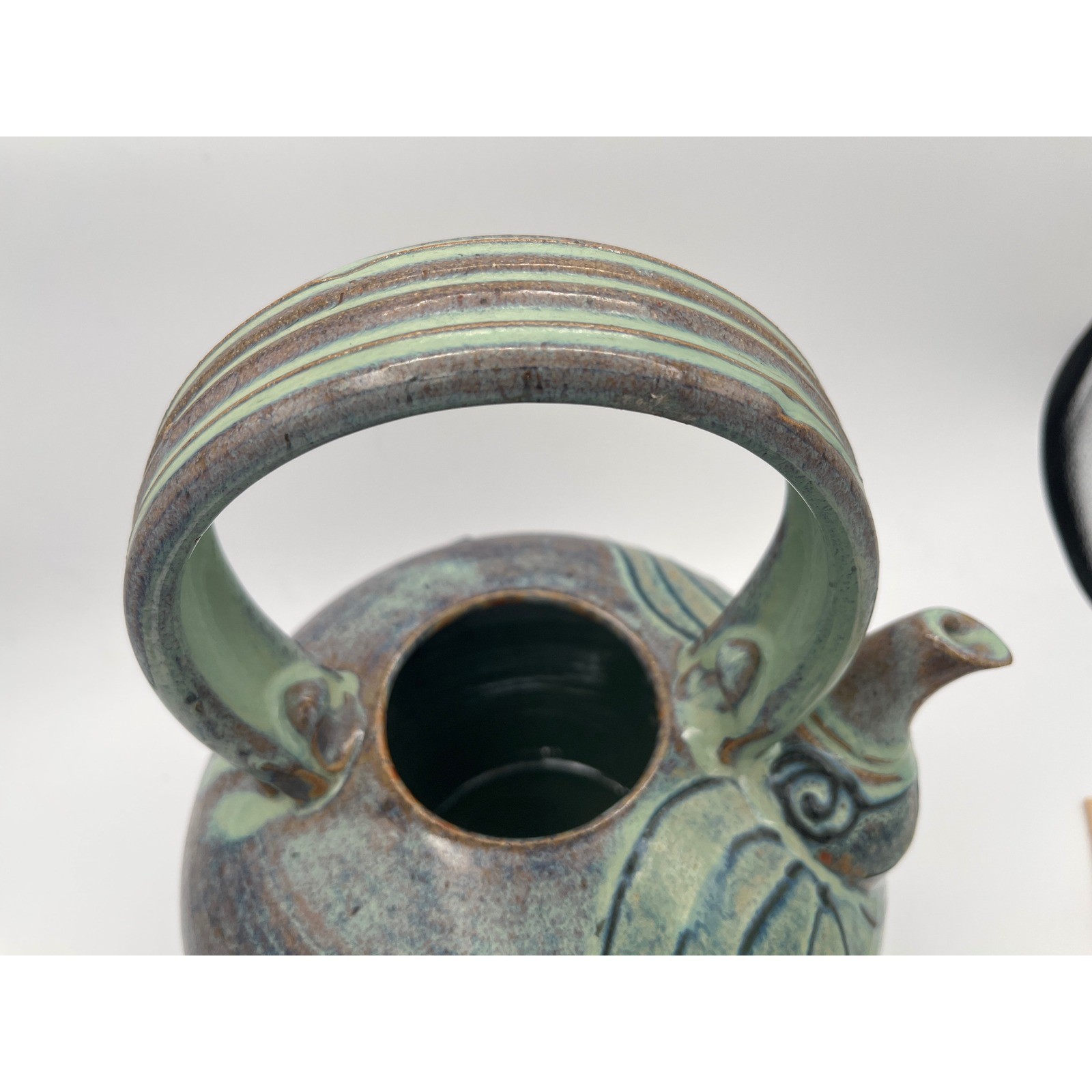 Artisan studio Pottery Teapot Signed large Glazed Stoneware Blue Green vtg