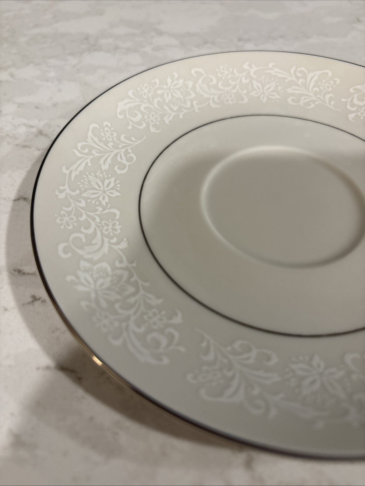 VNTG Ivory Fantasy Japan 8 Saucers Embossed Floral Platinum Trim Japan 60-70’s