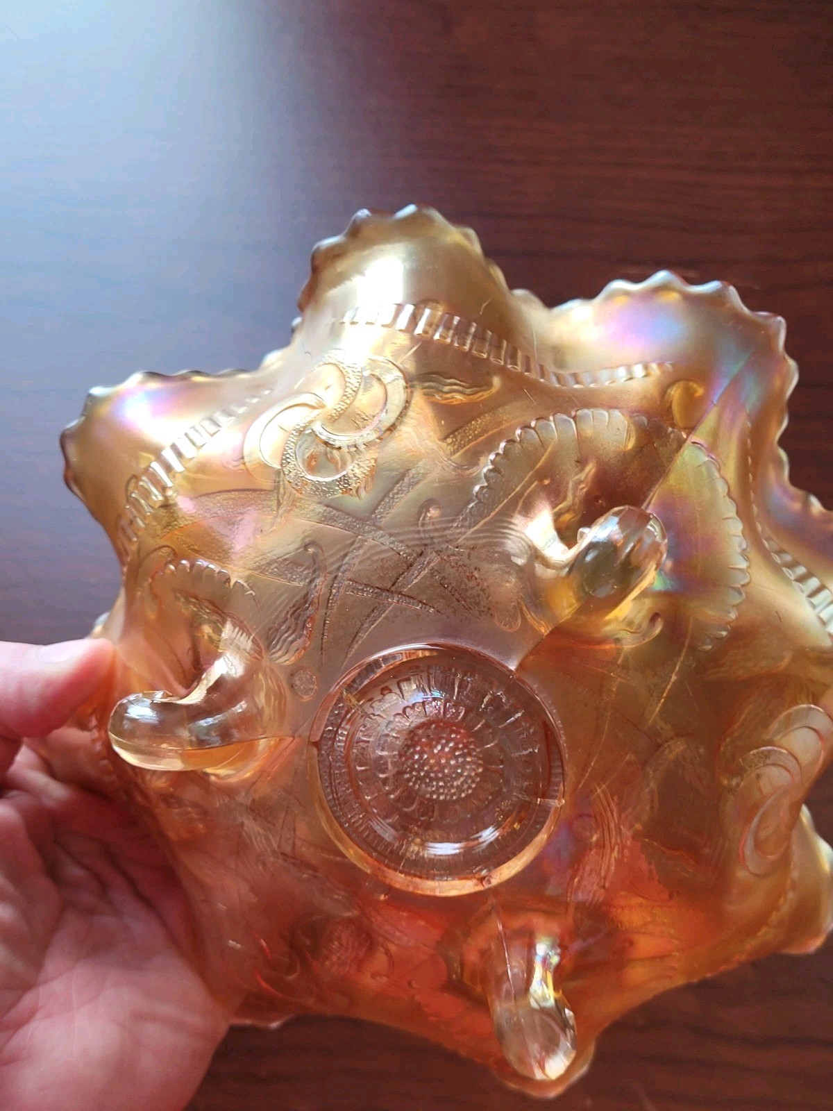 Pretty Marigold Northwood Carnival Glass Wishbone Bowl Ruffles n Rings EX.