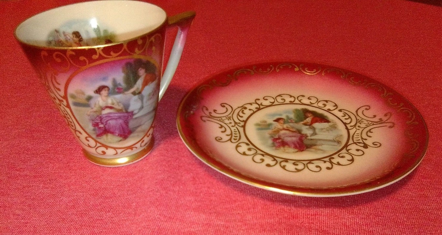 Mitterteich Bavaria Germany Demitasse Cup And Saucer Gold Trim Red/pink/Cream