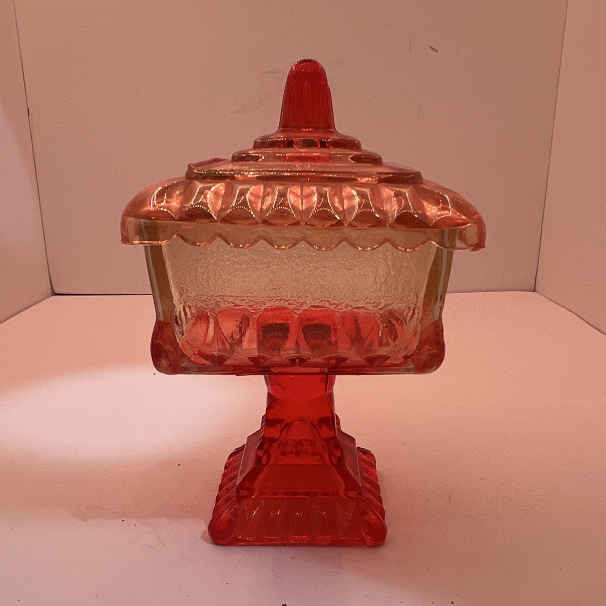 Red & Clear Glass Square Pedestal Covered Dish w/ Lid 7.75in H x 5.75in W