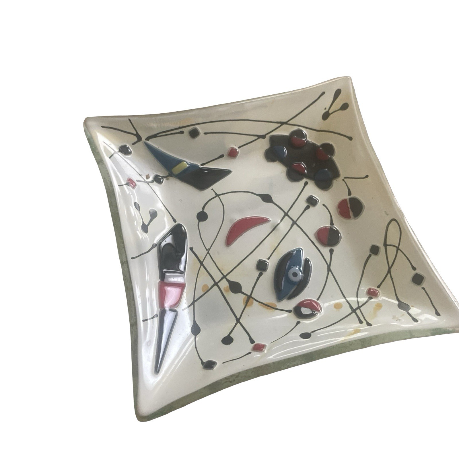 Vintage Fused Glass Abstract Art Plate Miro Kandinsky 6”” Square White