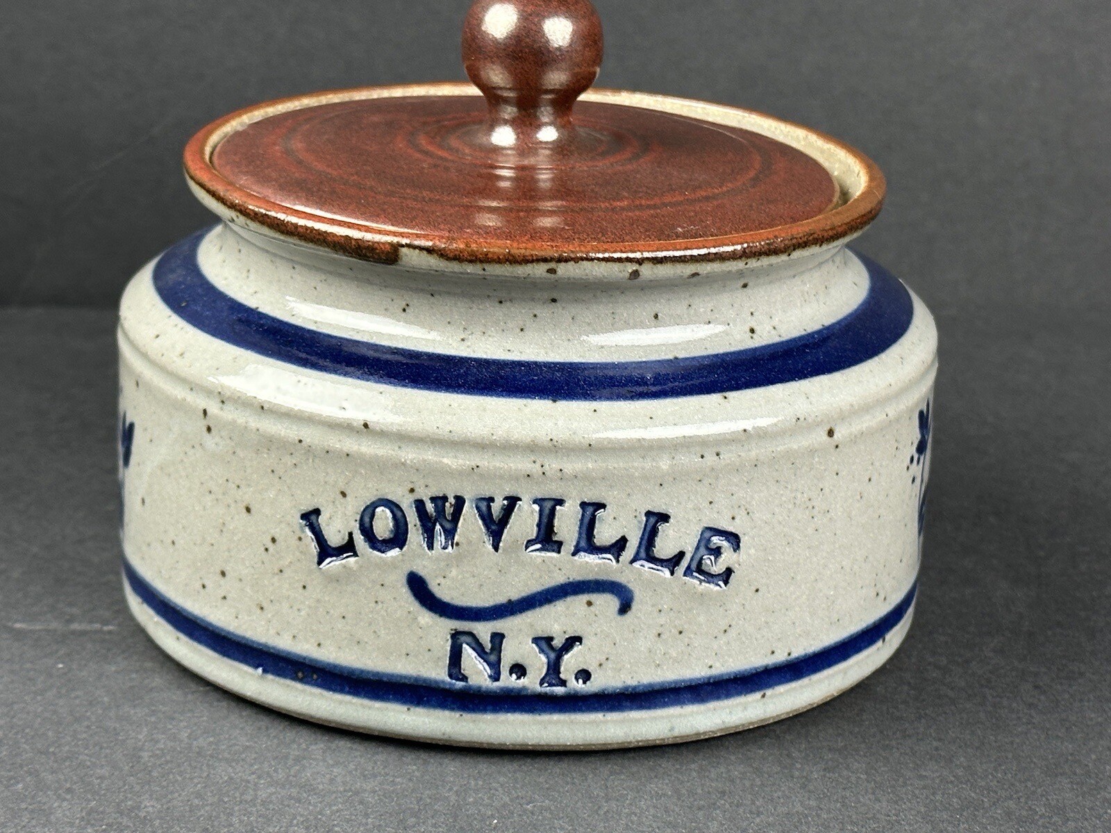Harvey Salt Glazed Pottery ‘Lowville, NY’ Container/Crock w/Lid 4”