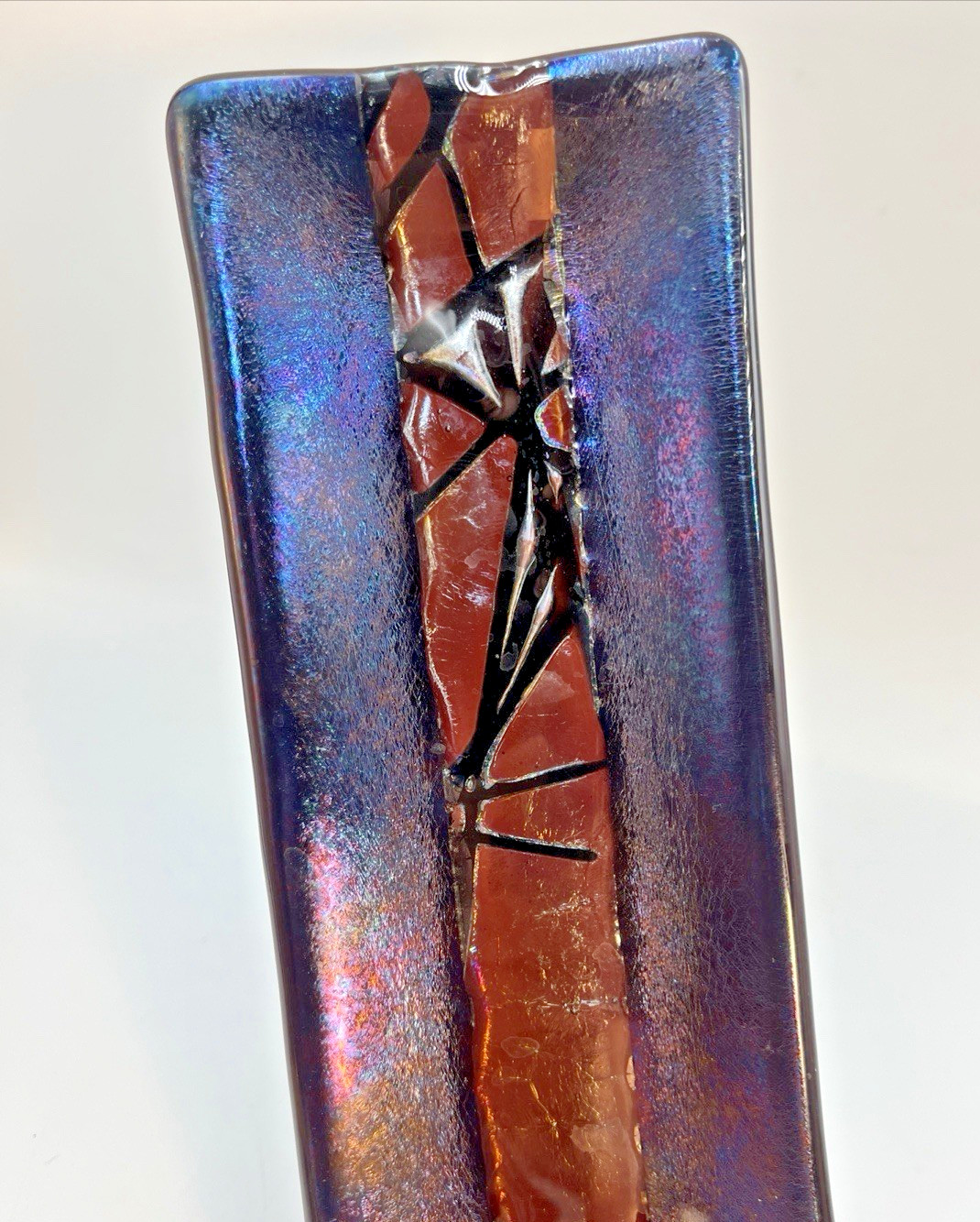 Kurt McVay Art Glass Fused Iridescent Tray / Trinket Dish Signed KM 7.9” x 3.25″