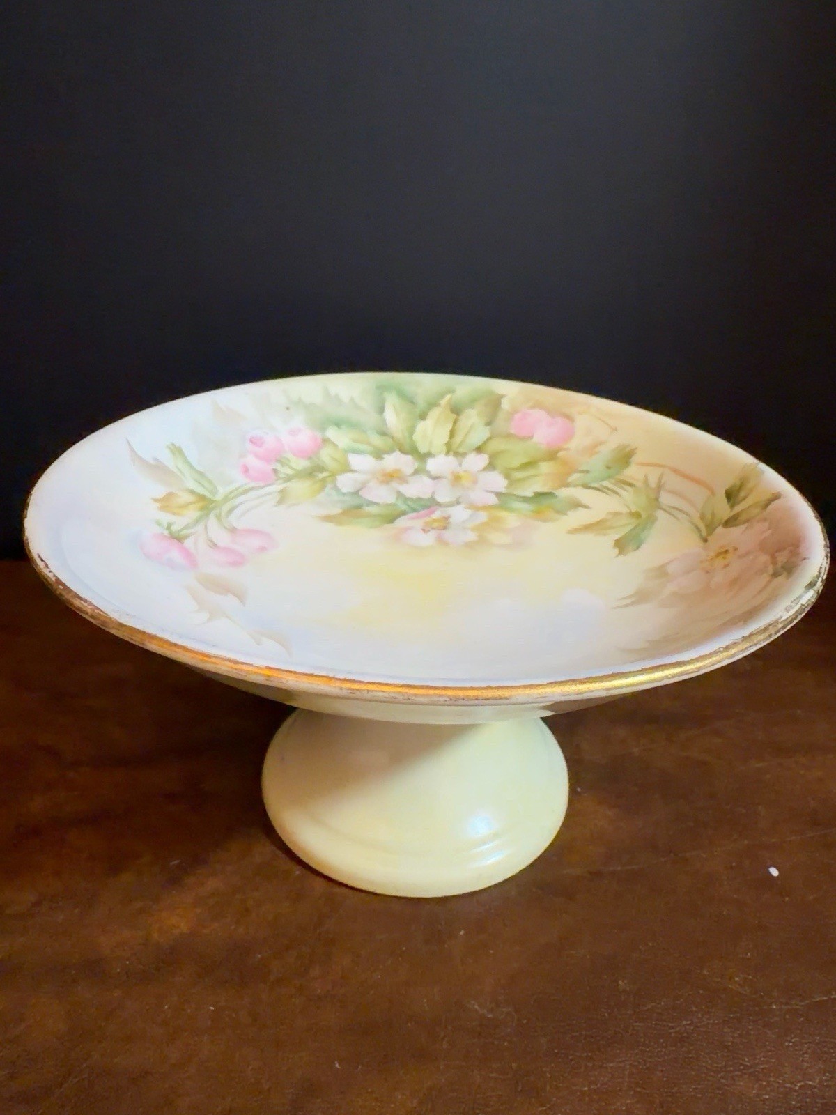 Antique Limoges Hand Painted Pedestal Compote W/ Delicate Floral + Gold Decor