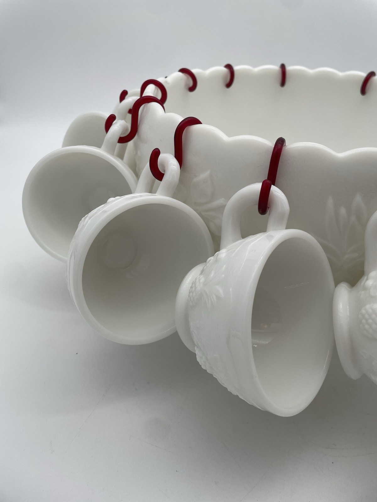 Westmoreland Milk Glass Grape Paneled Punch Bowl Set 12 Cups Hooks Pedestal