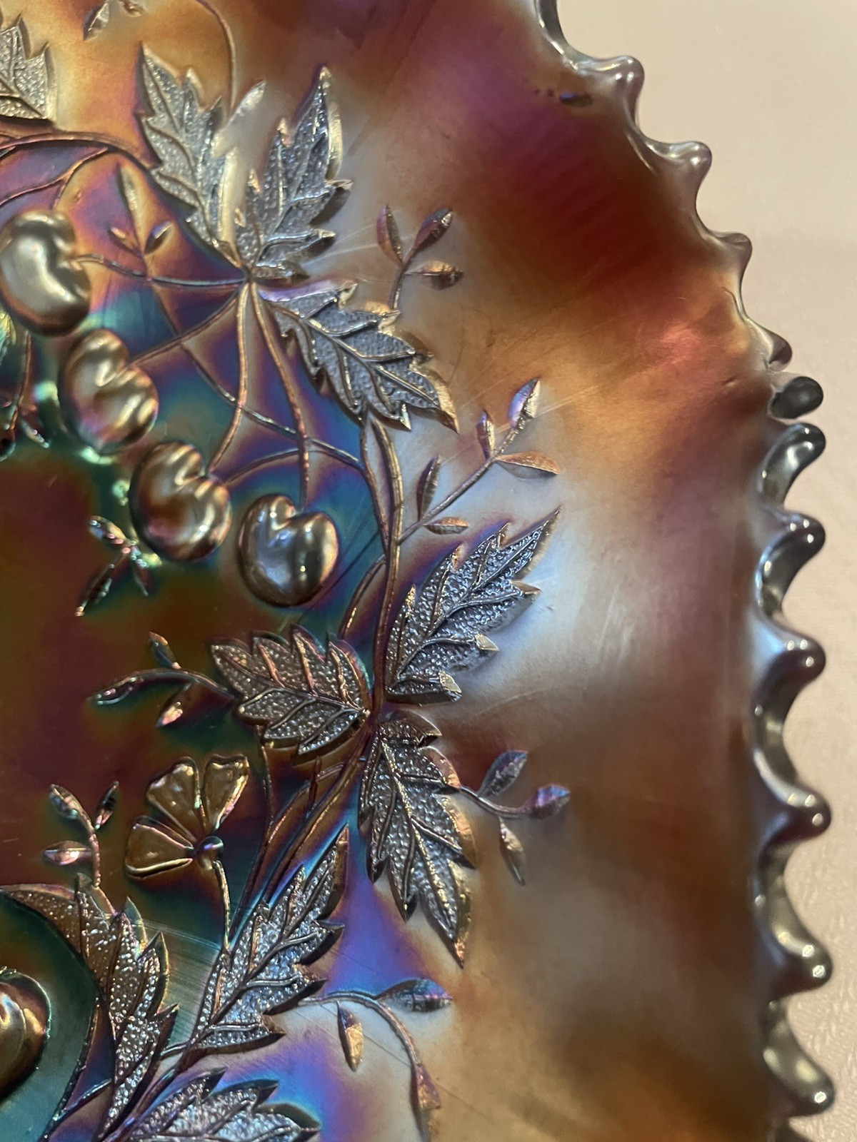 Northwood Opalescent Carnival Glass Fruit And Leaves Pattern Ruffled Edge 9.5”
