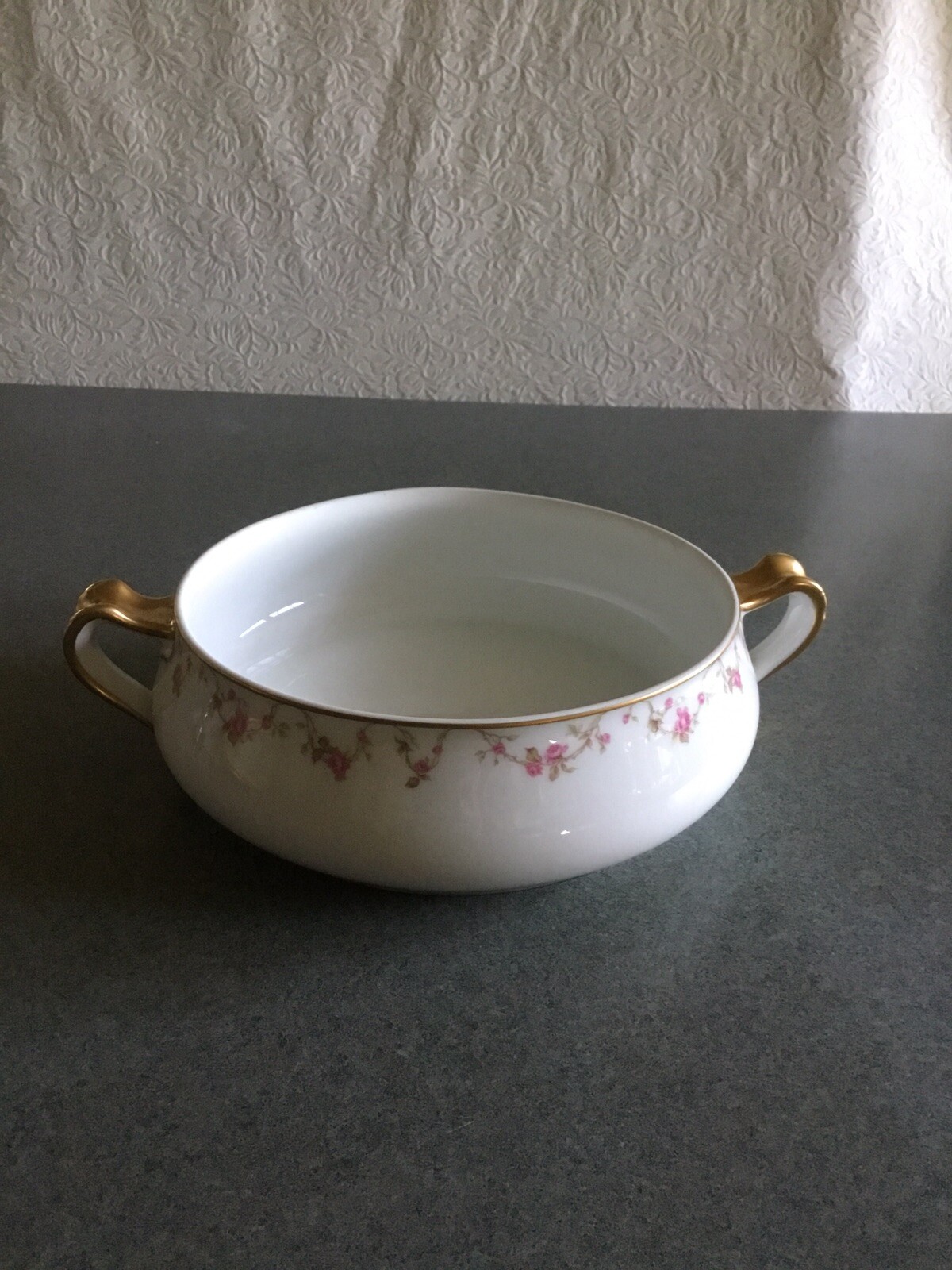 Haviland Limoges France Handled Casserole Dish Pink Rose Garland & Gold Trim