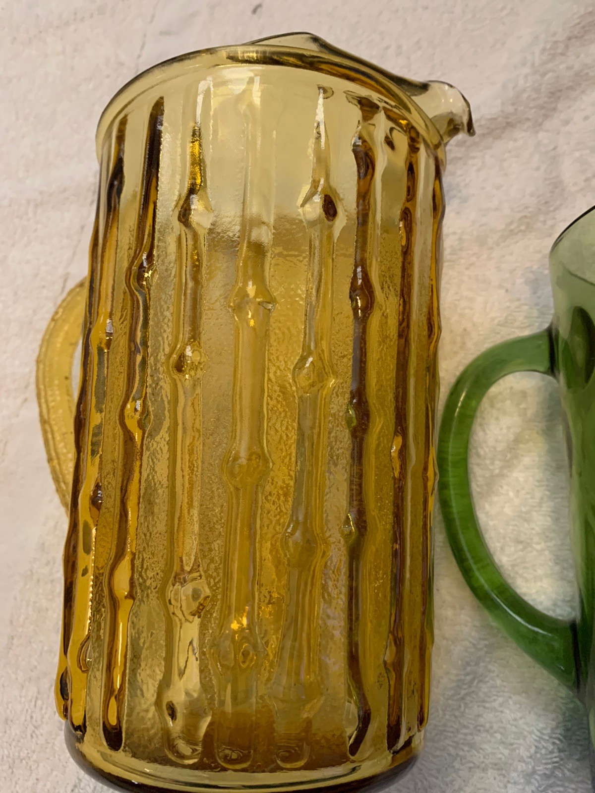 Two/ Anchor Hocking Glass Pitcher TAHITI Bamboo Gold / Green Atlas Coin Dot