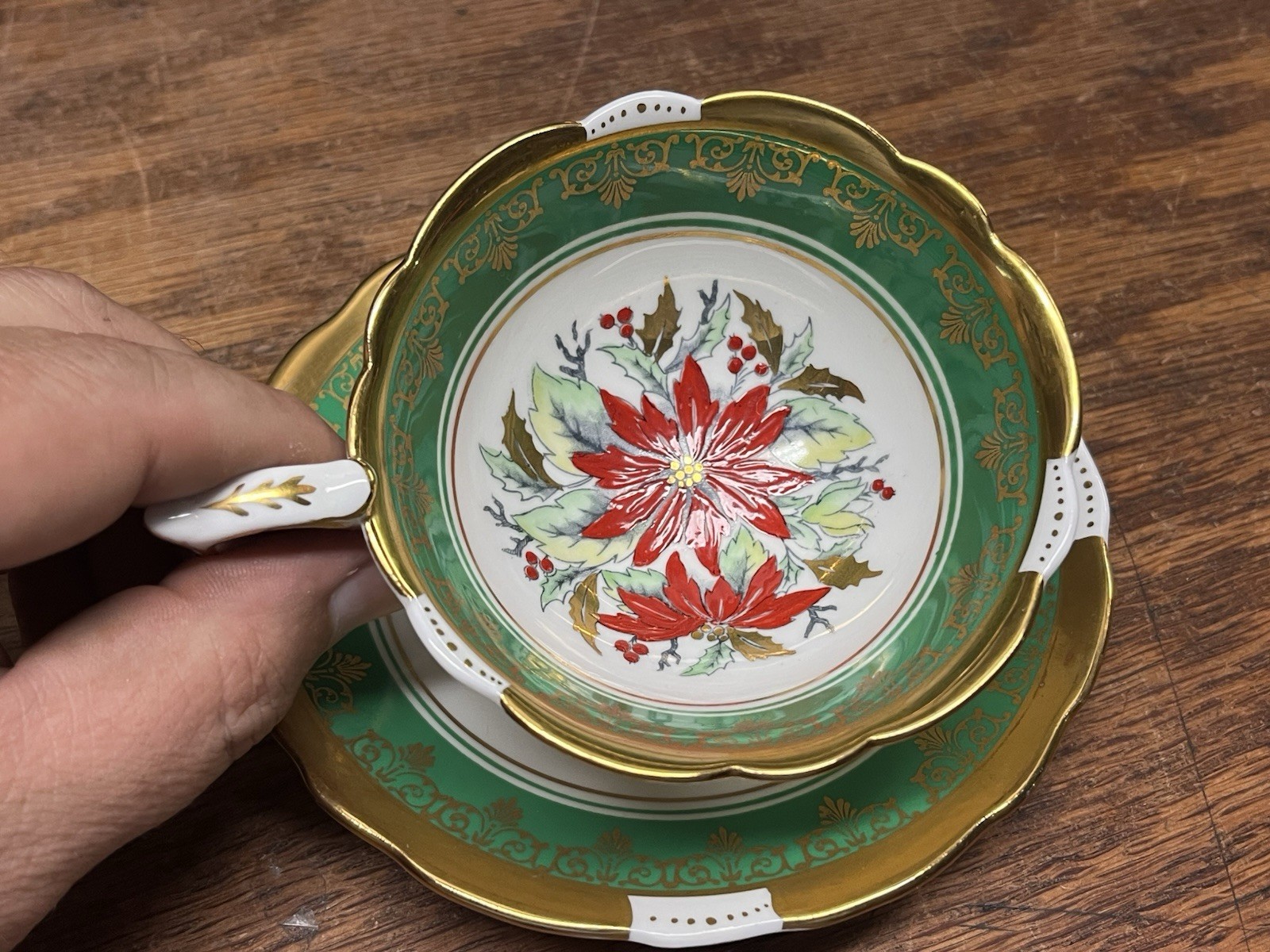 Vintage Royal Stafford Poinsettia Tea Cup & Saucer Gold Trim Scalloped England