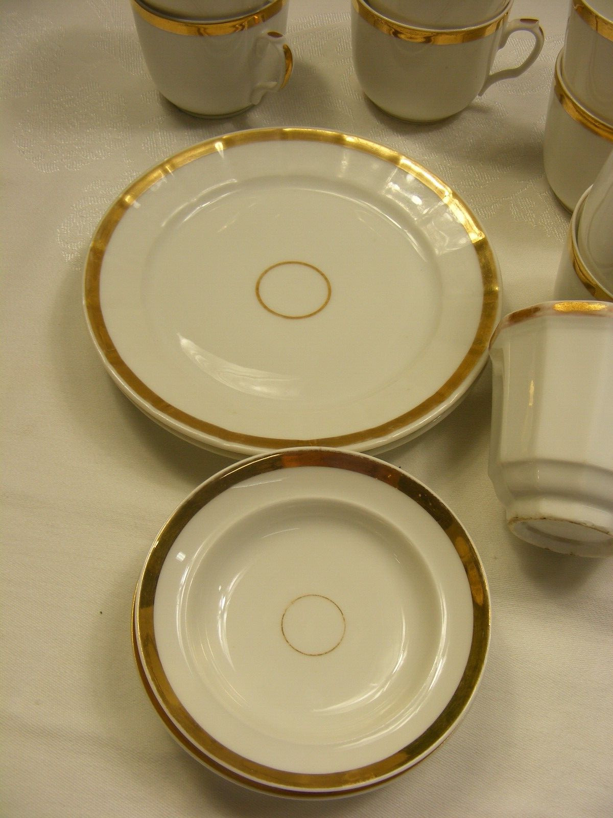 Vintage Lot 14 Pieces White Bowls Plates Cups China Gold Trim 8-C