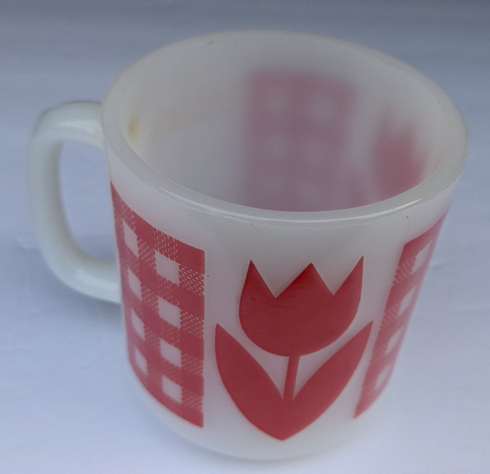 Vtg Termocrisa?Jeannette Glasbake? Coffee Mug Red Tulip Gingham 1960’s-70’s