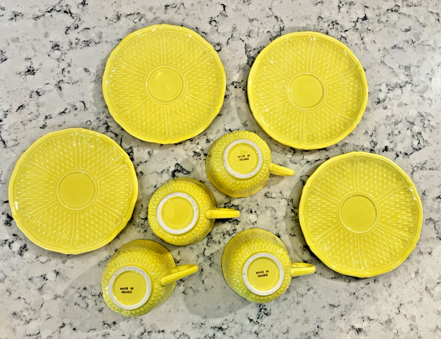 Vintage Bon Vivant Faience Yellow Hobnail 4 cups & 4 Saucers Set France Tea
