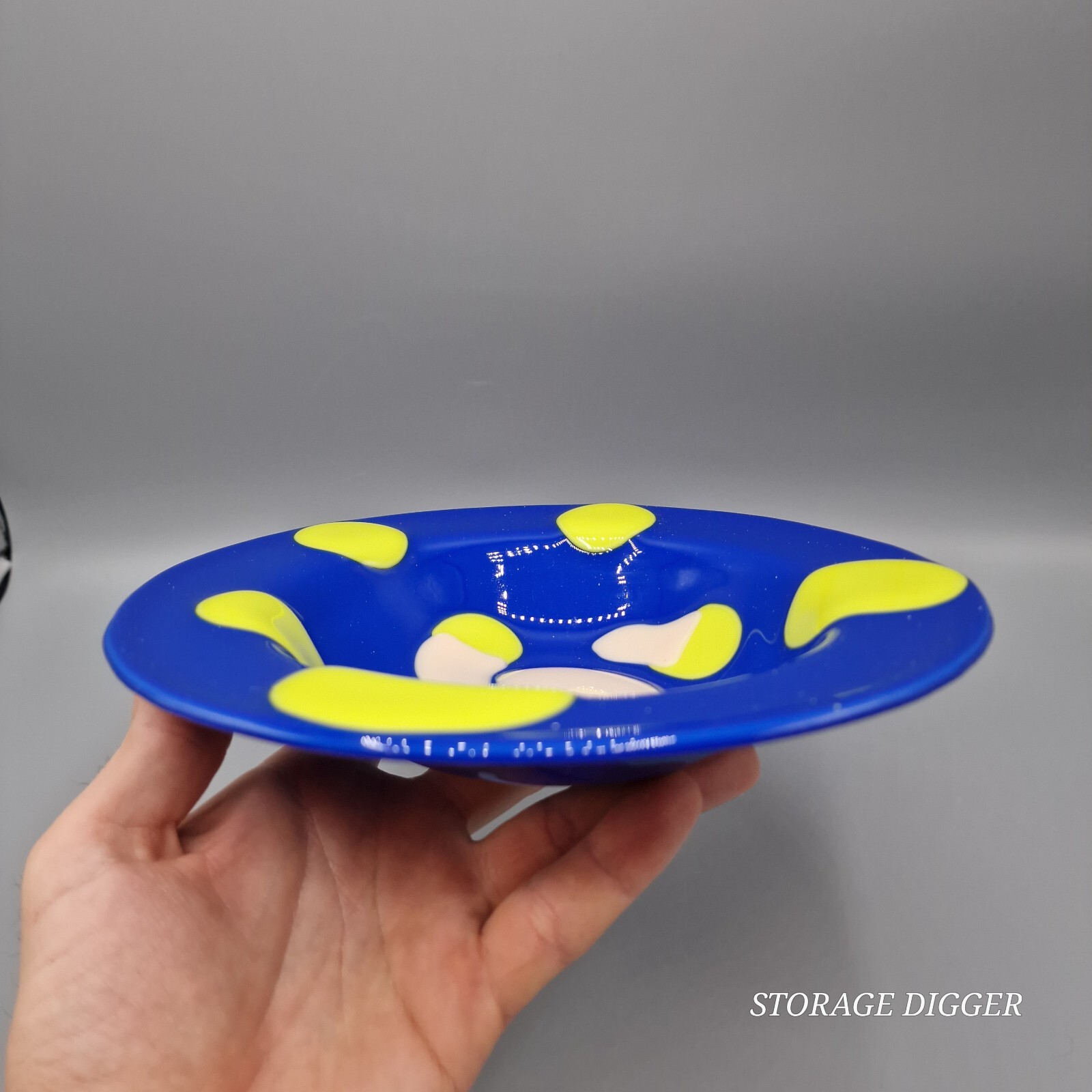 Vintage Glass Mac Studio 30144 Cobalt Blue Round Bowl Yellow & Pink Glaze Dots