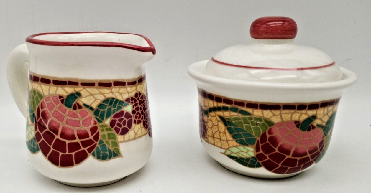 Pier 1 Set Creamer & Sugar w/Lid Mosaic Fruit Pattern Ceramic Earthenware-Italy