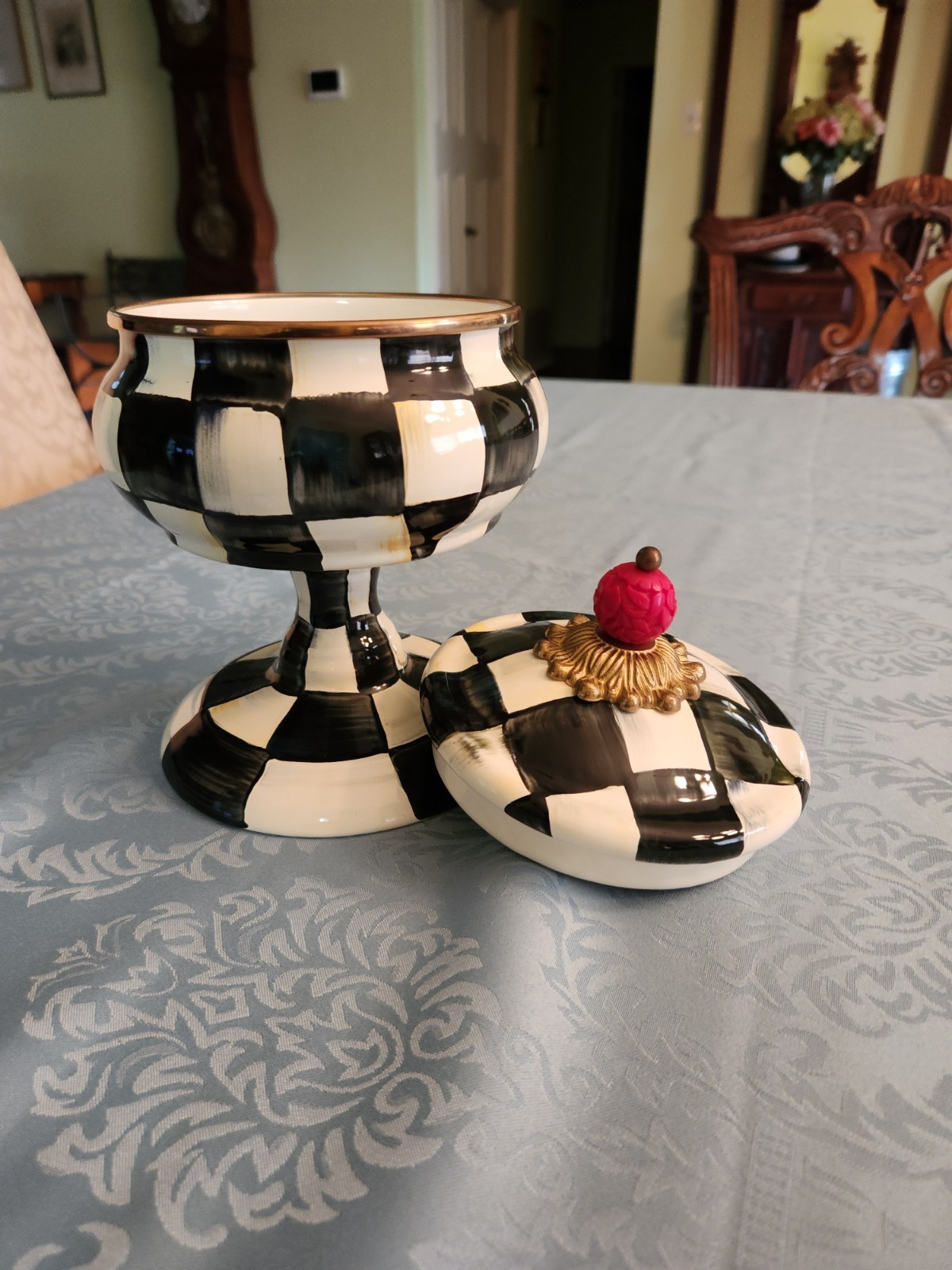 MacKenzie Childs Courtly Check Squashed Pot on pedestal