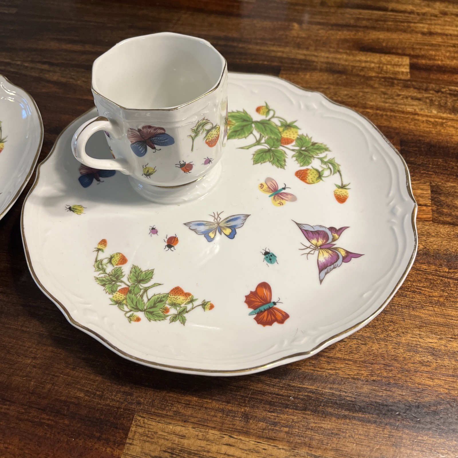 Vintage Ardalt Japan Lenwile Snack Set Strawberry Butterfly Cup Plate Lot x2