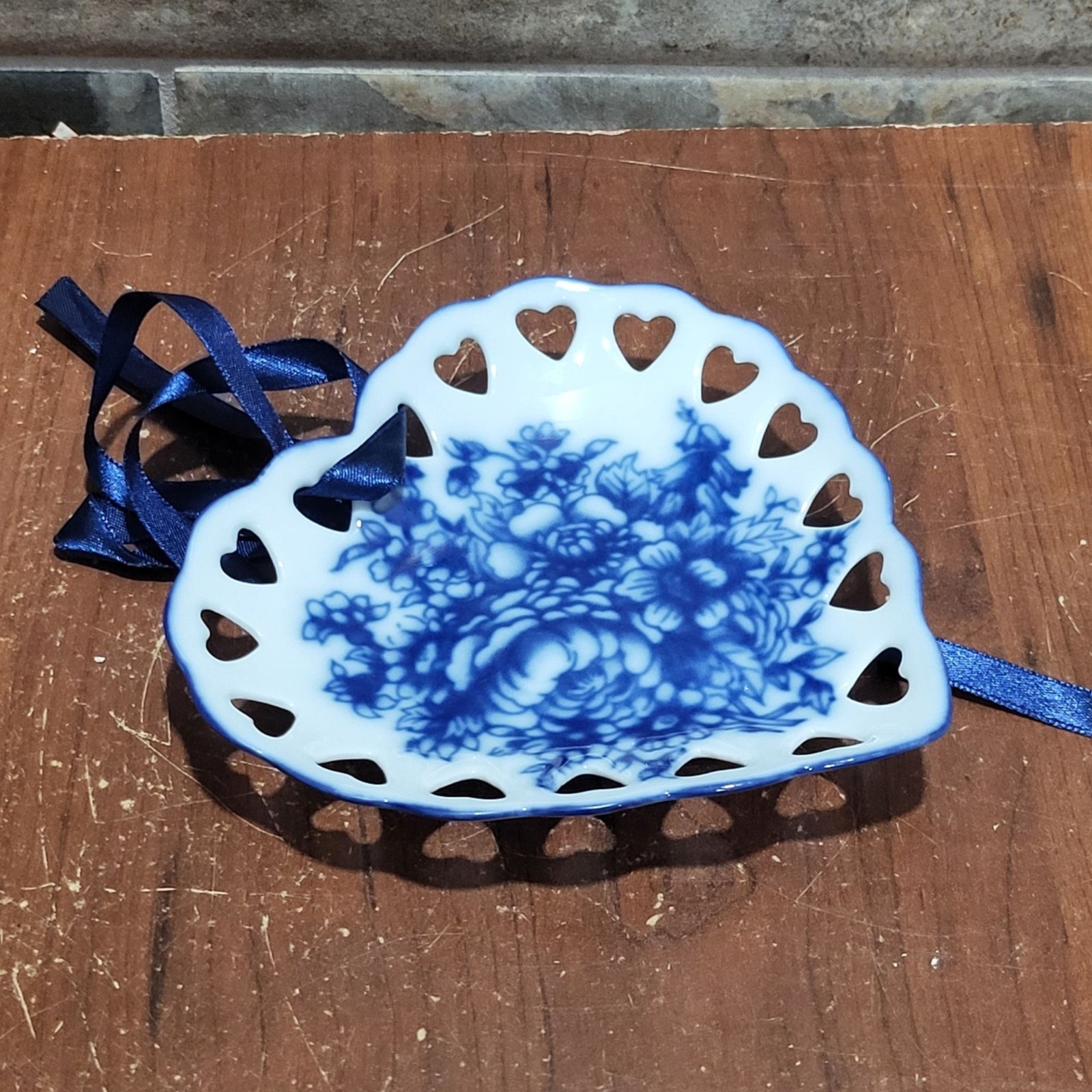 VTG Heart Decorative Plate Blue Floral White Porcelain Pierced Lattice Border