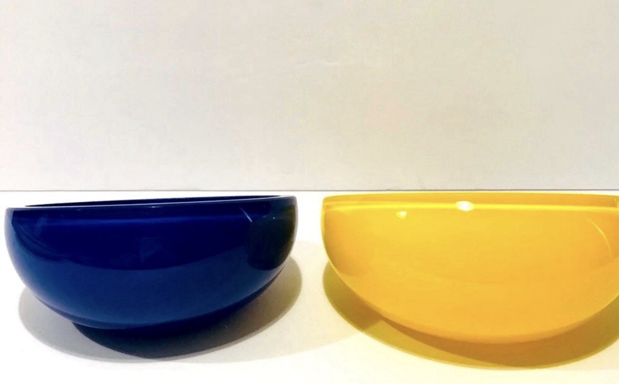Tappio Wirkkala Modernist Hand Blown Art Glass Bowls Yellow & Cobalt Blue Signed
