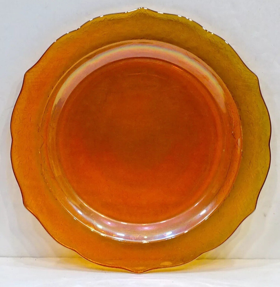 3 Vintage NORMANDIE Bouquet Lattice MARIGOLD Carnival Glass DINNER PLATES