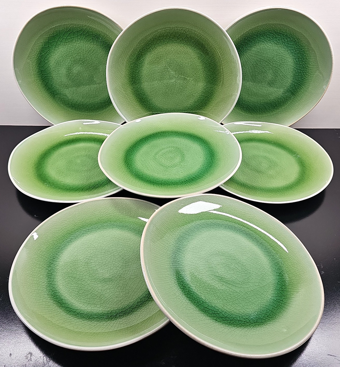 8 Roscher Crackle Glass Green Dinner Plates Set Elegant Stoneware Table Dish Lot