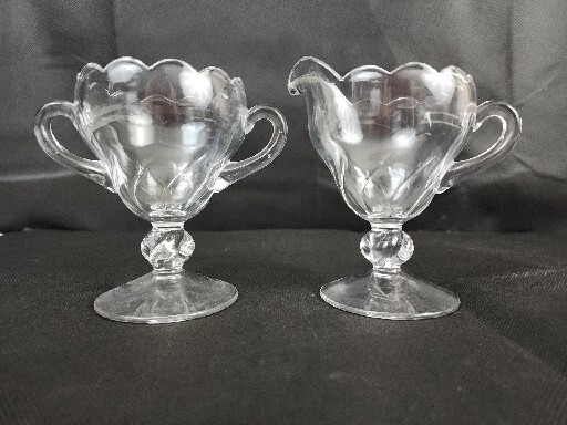 Footed Glass Creamer and Sugar Bowl Clear Glass with Scalloped Edge And Handles